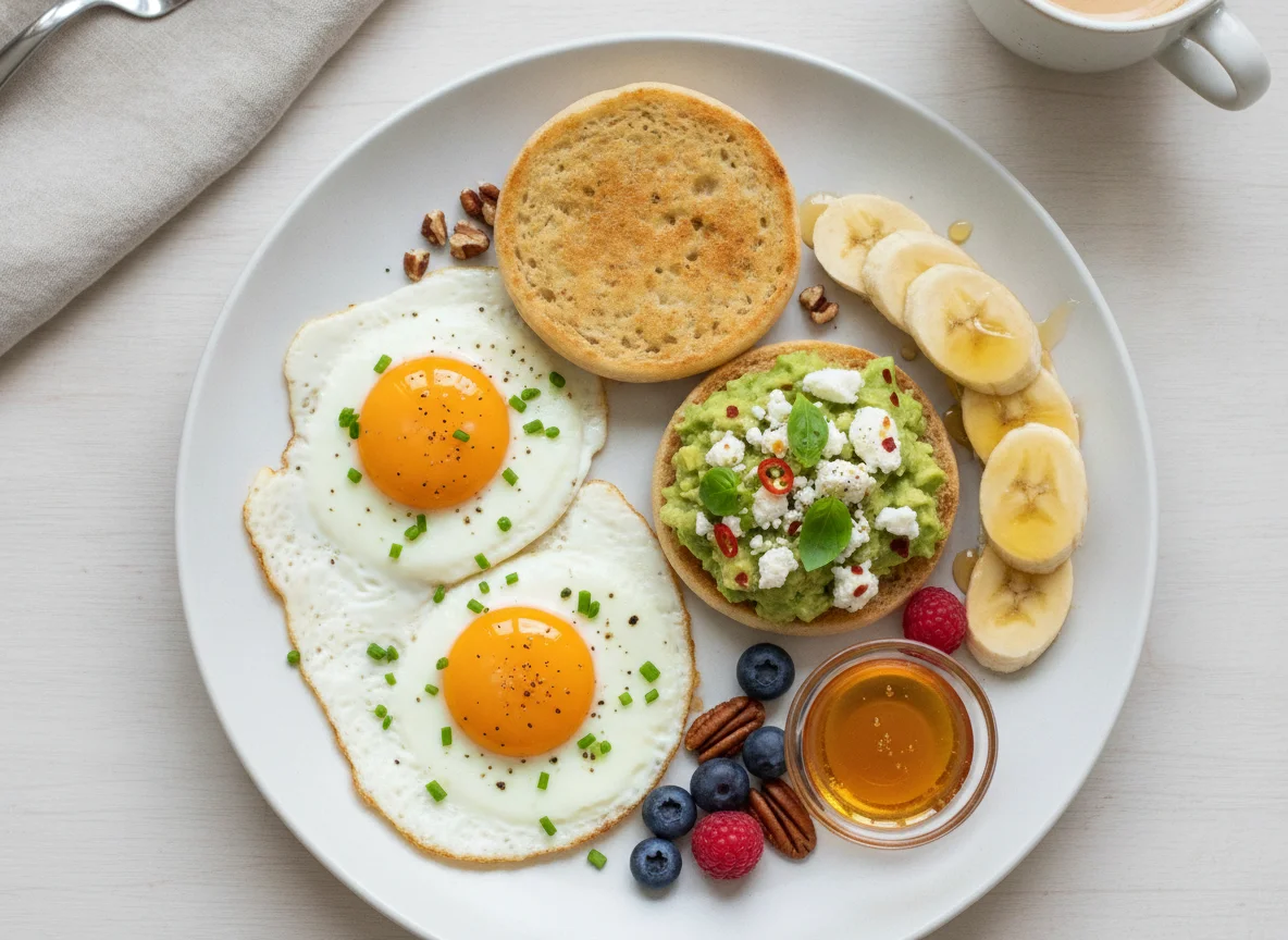 Frühstücksteller mit Spiegeleiern, Avocado-Feta-Muffins und Banane photo
