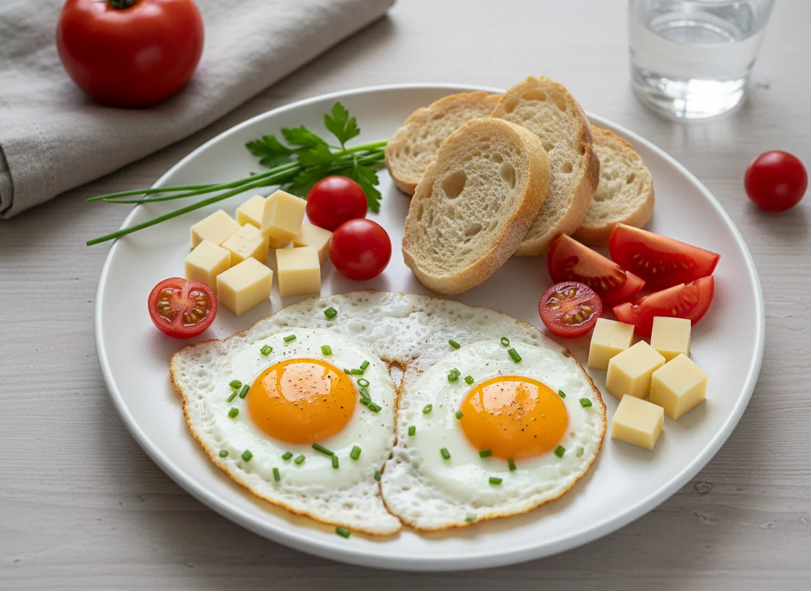 Frühstücksteller mit Spiegeleiern, Brot, Käse und Tomaten photo