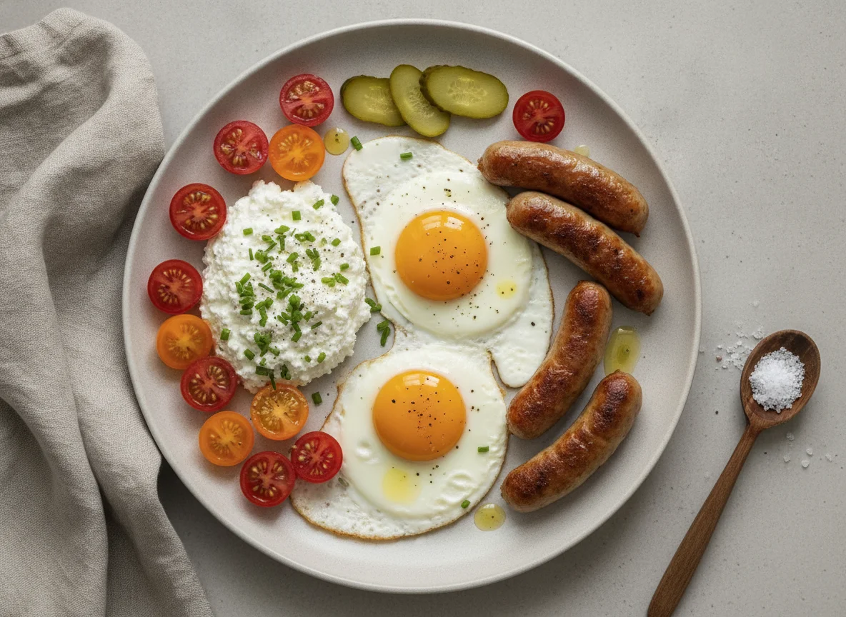 Frühstücksteller mit Spiegeleiern, Hüttenkäse und Gemüse photo