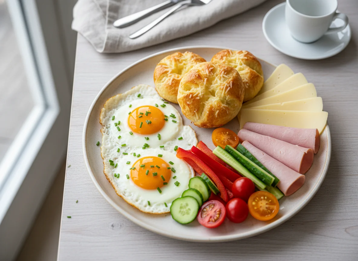 Frühstücksteller mit Spiegeleiern, Käsegebäck und Gemüse photo