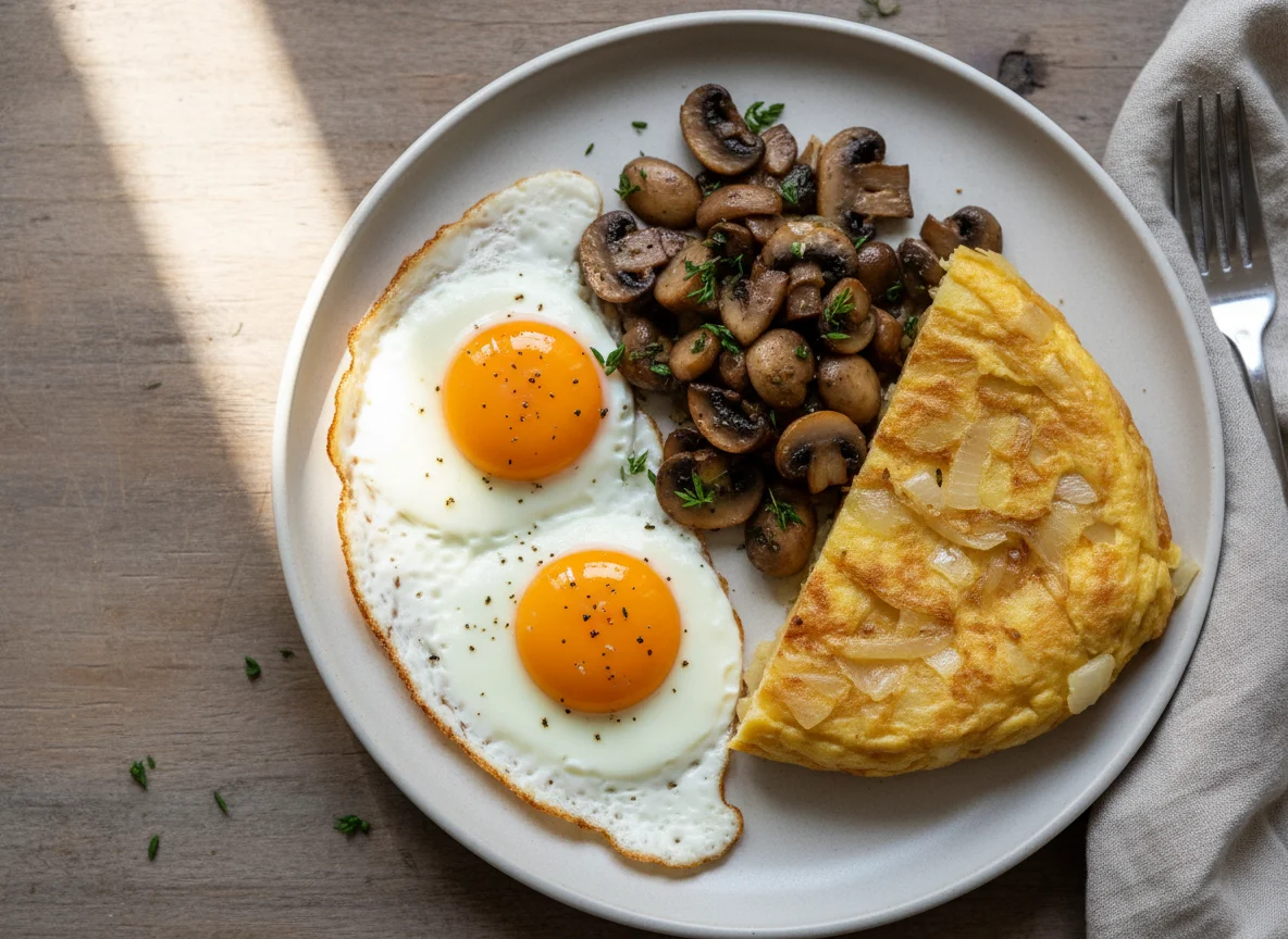 Frühstücksteller mit Spiegeleiern, Pilzen und Kartoffelomelett photo