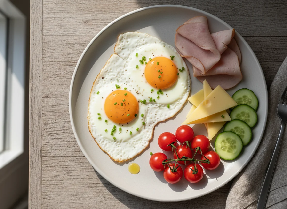Frühstücksteller mit Spiegeleiern, Putenbrust, Käse und Gemüse photo