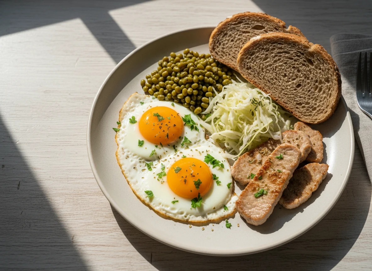 Frühstücksteller mit Spiegeleiern, Schweinefilet, Mungobohnen und Brot photo