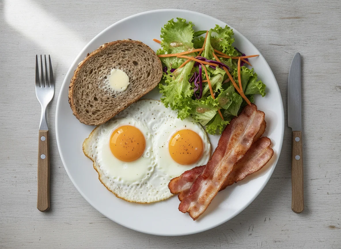 Frühstücksteller mit Spiegeleiern, Speck und Brot photo