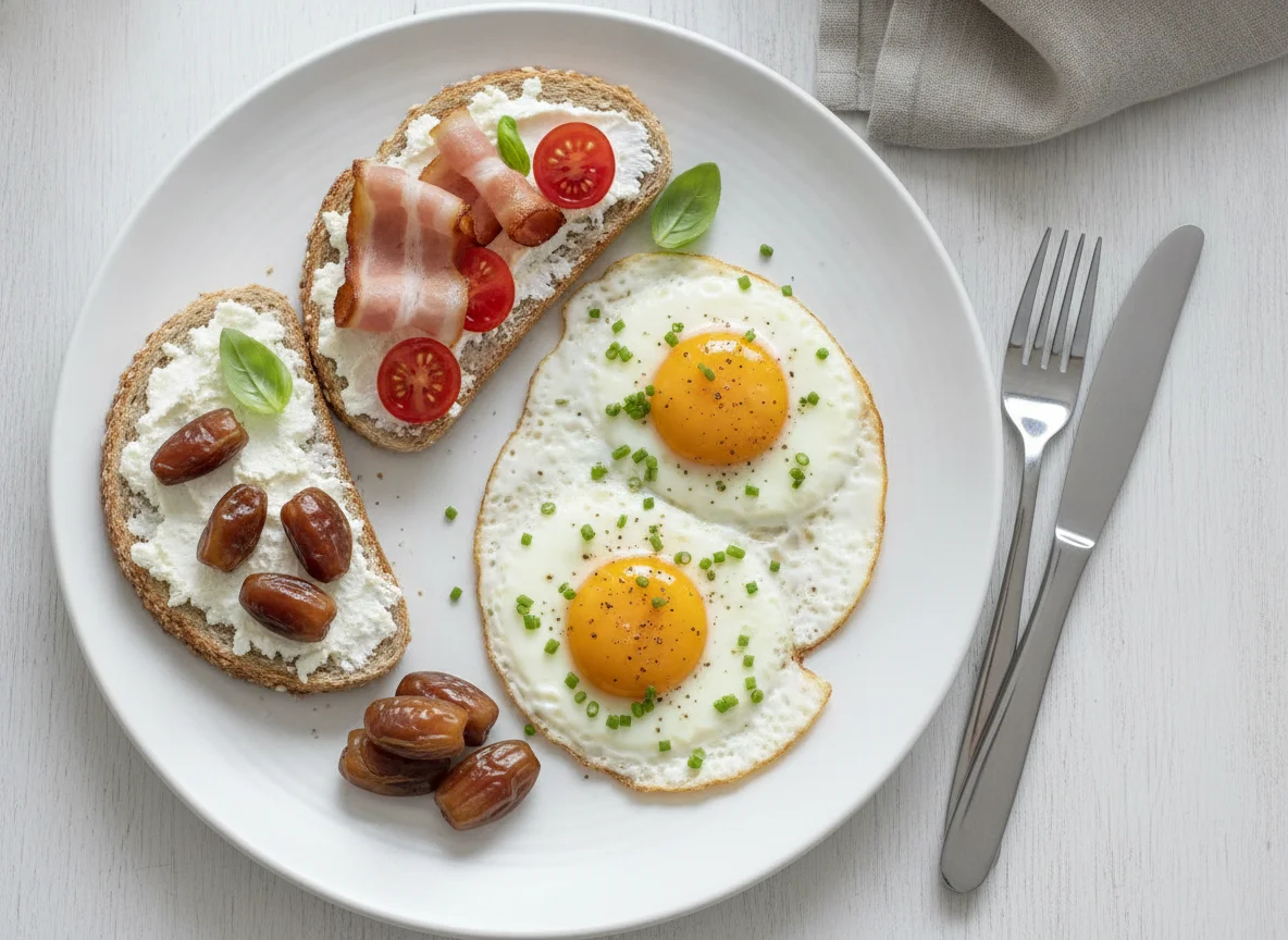 Frühstücksteller mit Spiegeleiern, Speckbroten und Datteln photo