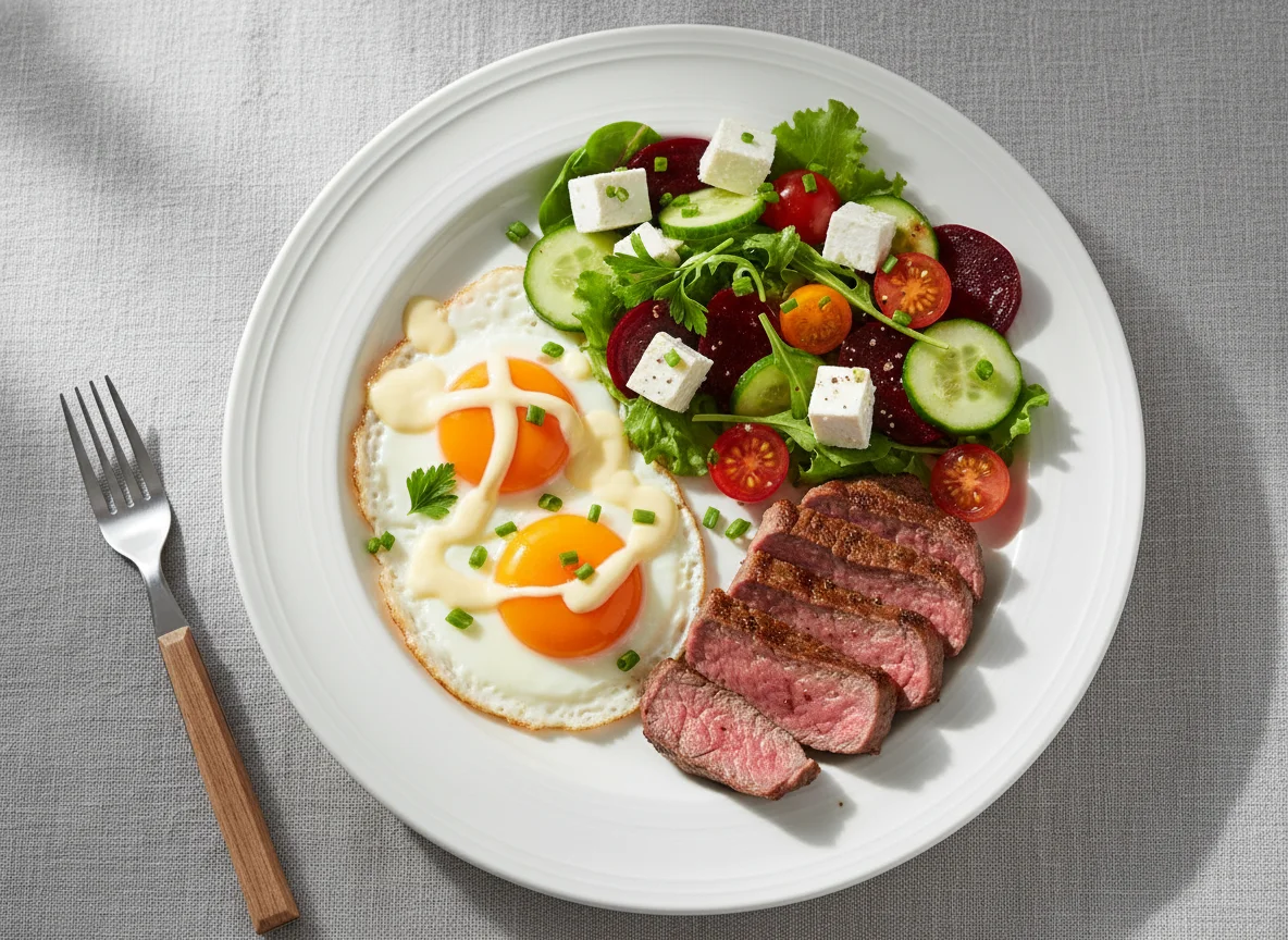 Frühstücksteller mit Spiegeleiern, Steak und Salat photo
