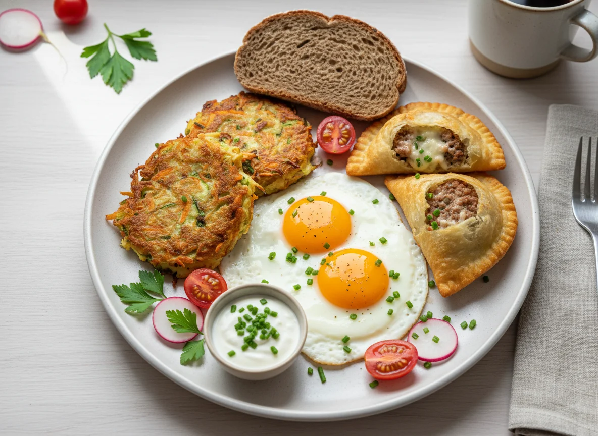 Frühstücksteller mit Spiegeleiern und Beilagen photo