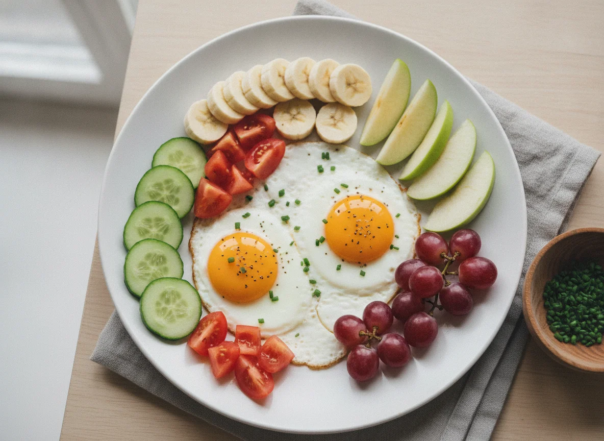 Frühstücksteller mit Spiegeleiern und Obst photo