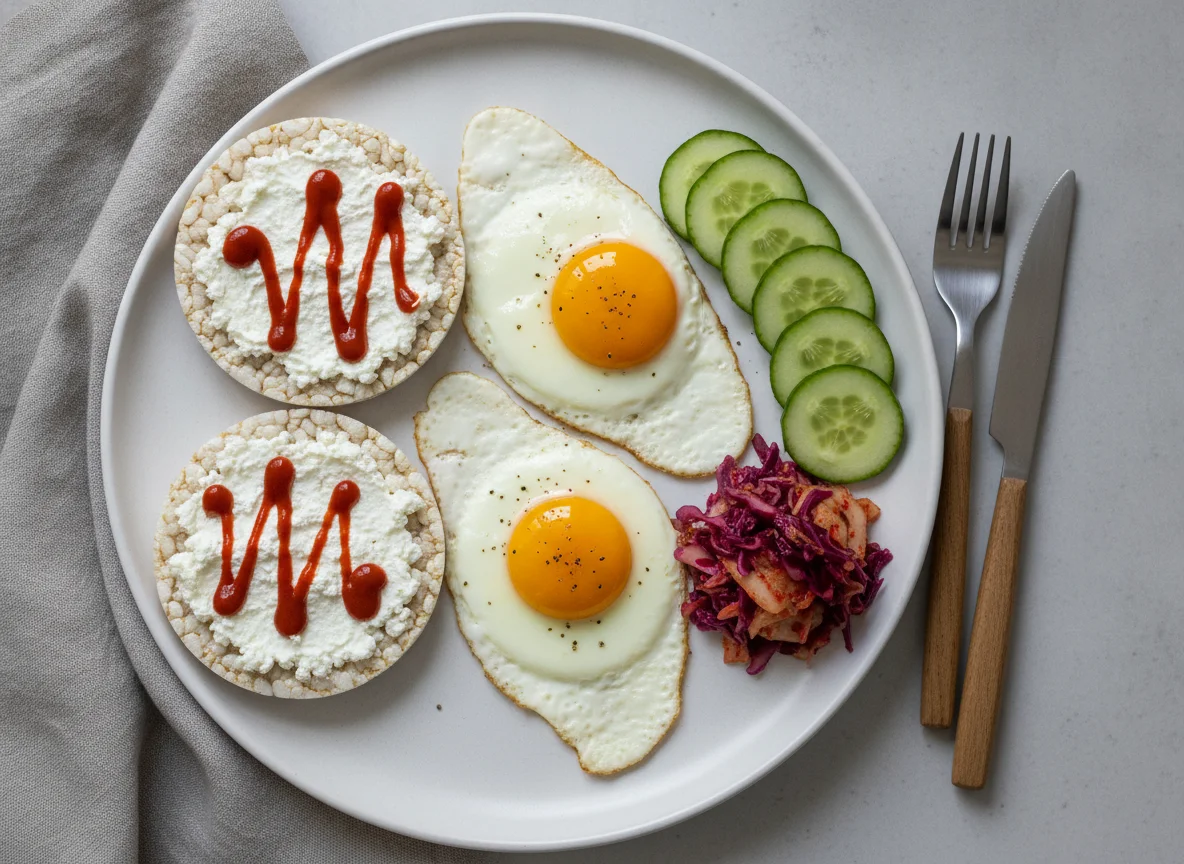 Frühstücksteller mit Spiegeleiern und Reiswaffeln photo