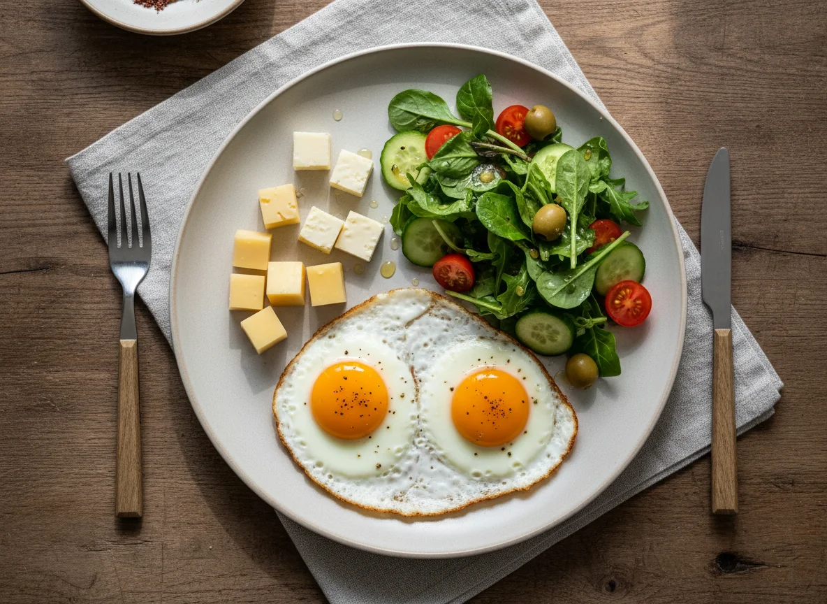 Frühstücksteller mit Spiegeleiern und Salat photo