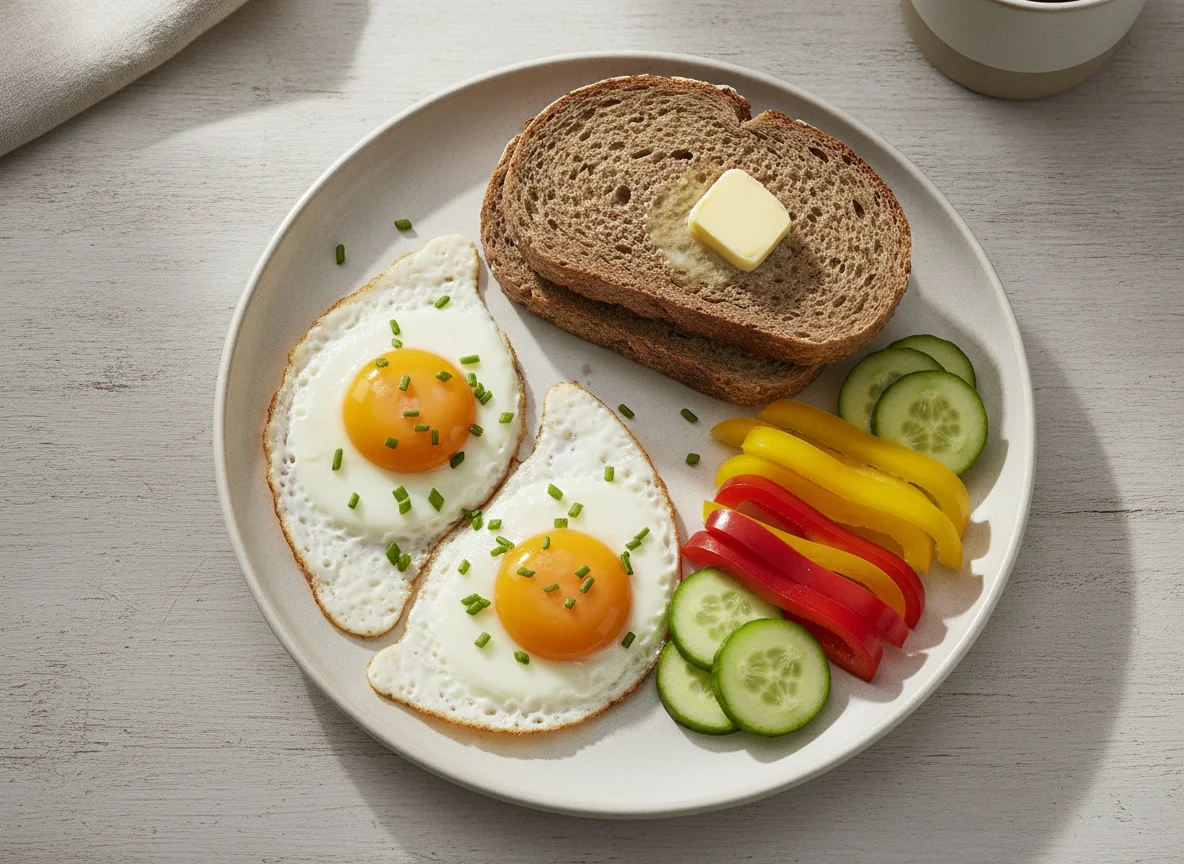 Frühstücksteller mit Spiegeleiern, Vollkornbrot und Gemüse photo