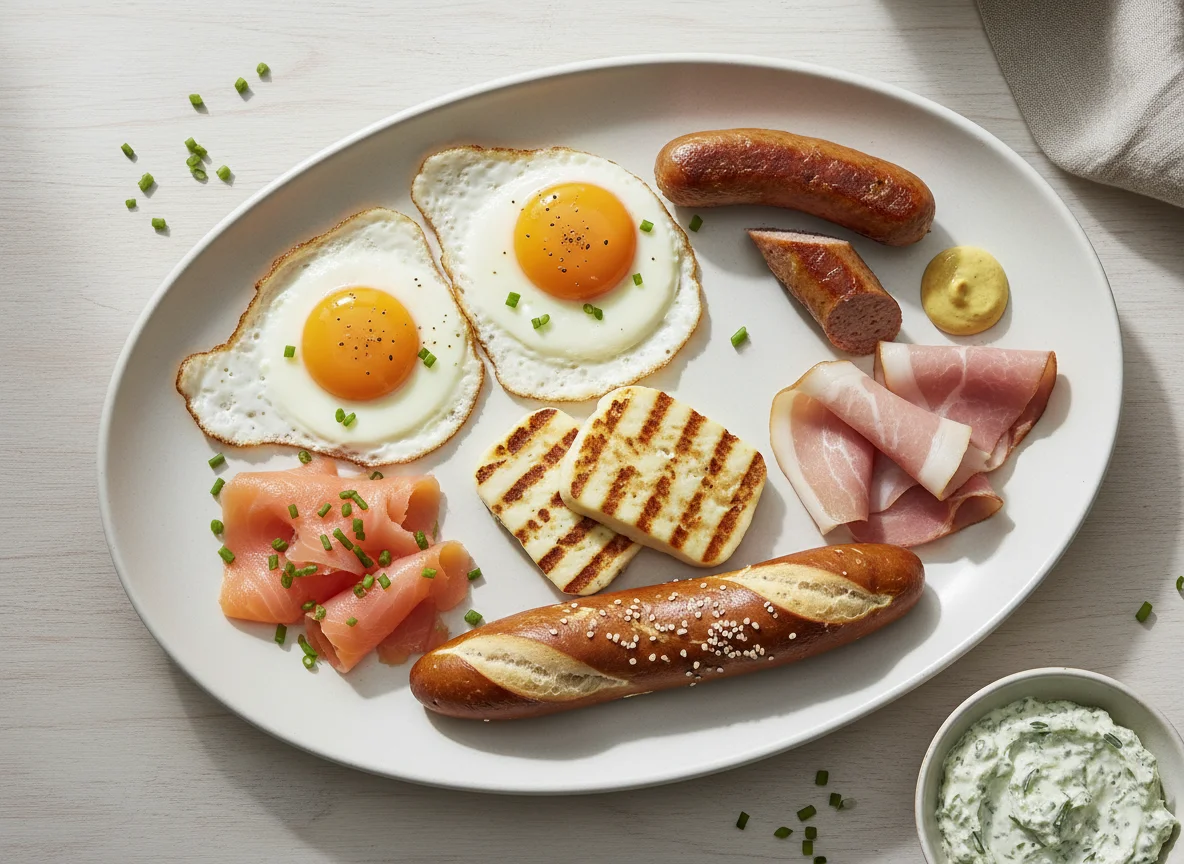 Frühstücksteller mit Spiegeleiern, Wurst, Lachs und Gebäck photo