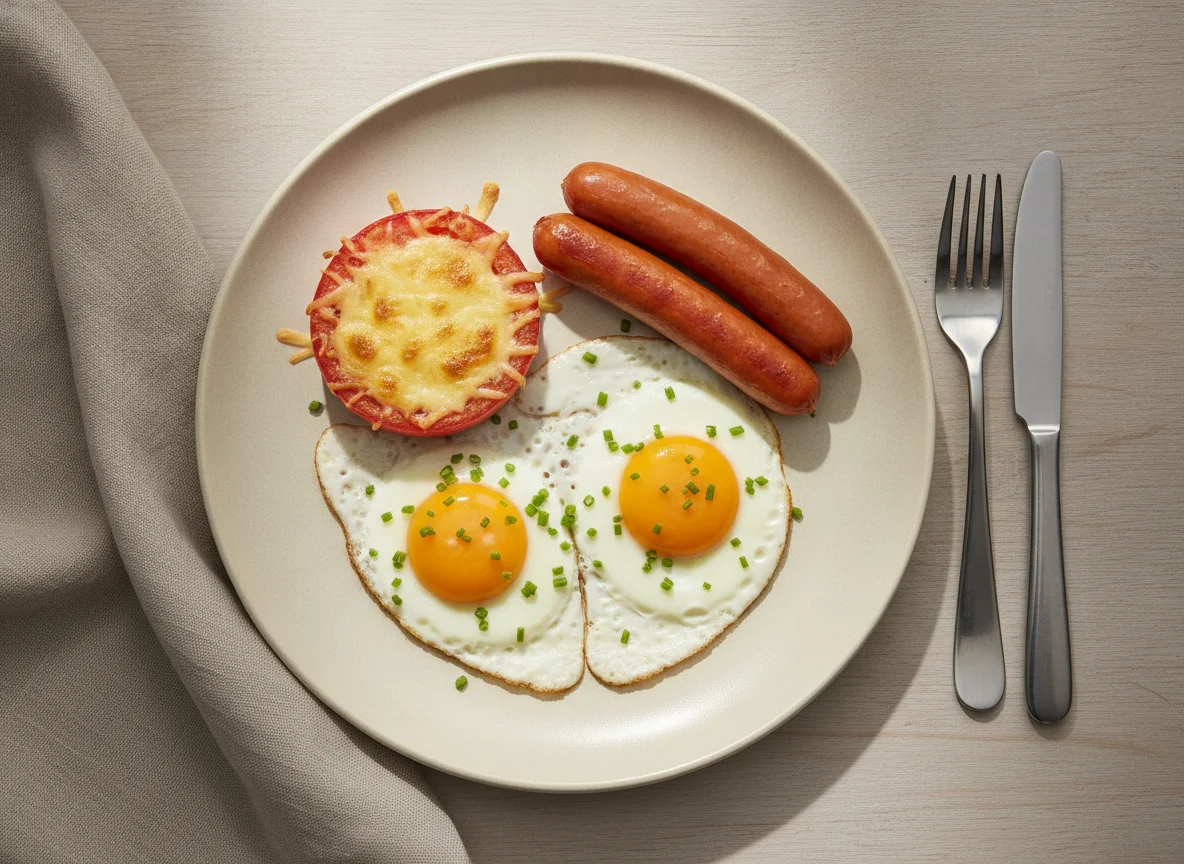 Frühstücksteller mit Spiegeleiern, Würstchen und überbackener Tomate photo