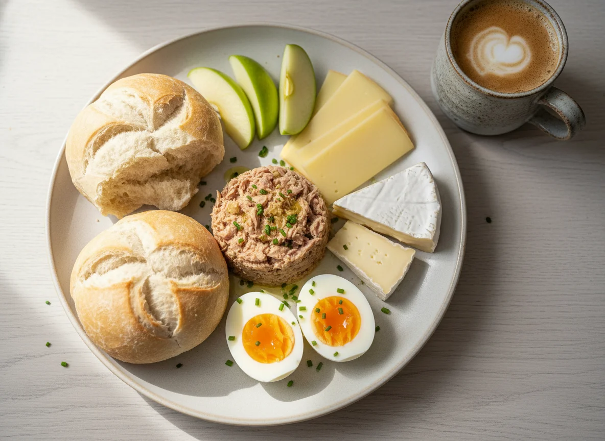 Frühstücksteller mit Thunfisch, Eiern, Käse, Brötchen und Apfel photo