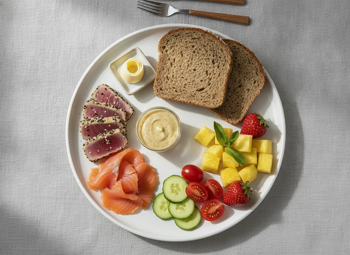 Frühstücksteller mit Thunfisch, Lachs und Obst photo