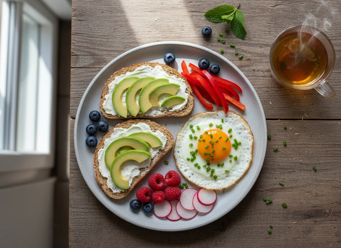 Frühstücksteller mit Toast, Ei und Beeren photo