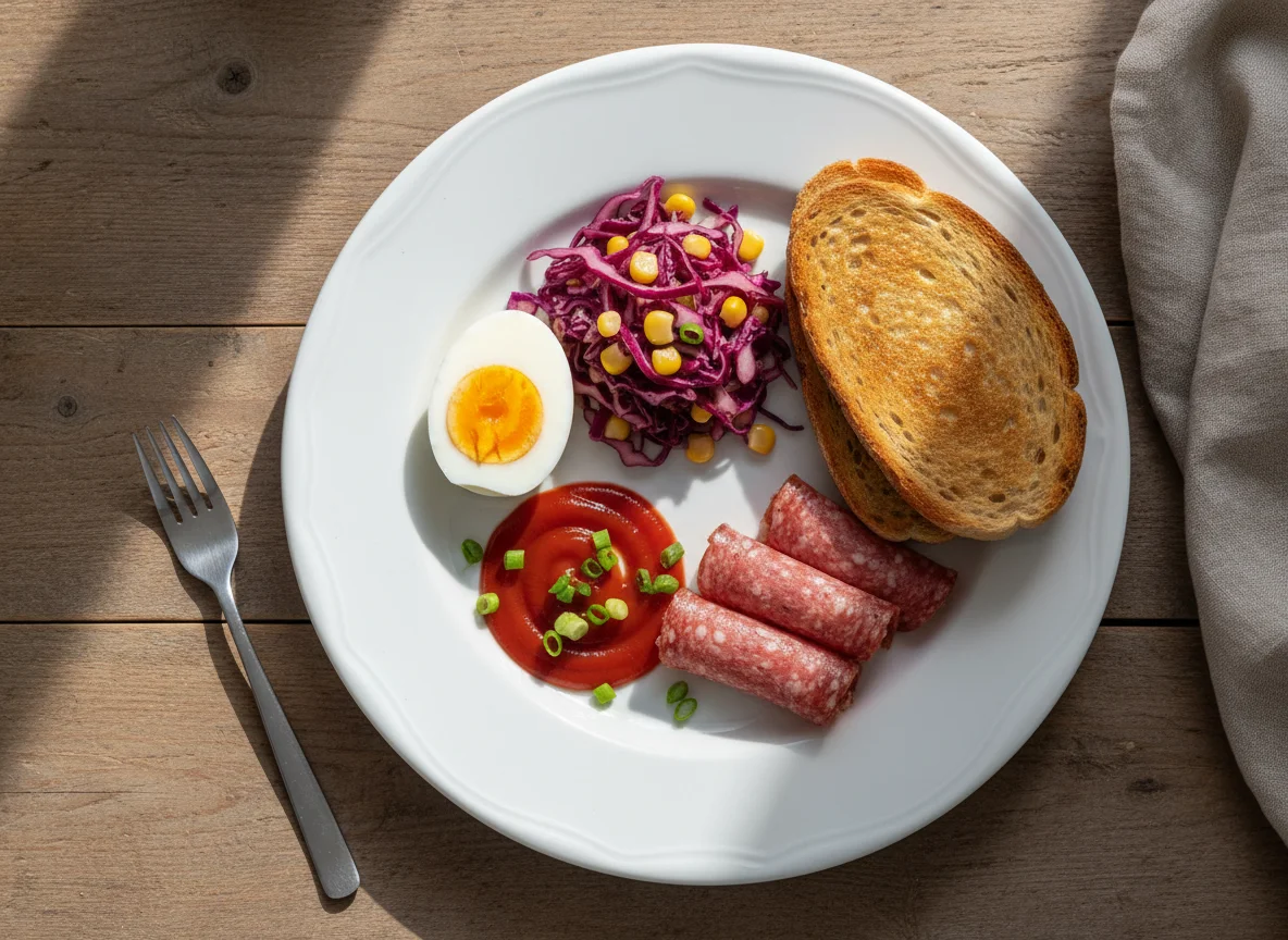 Frühstücksteller mit Toast, Ei und Salat photo