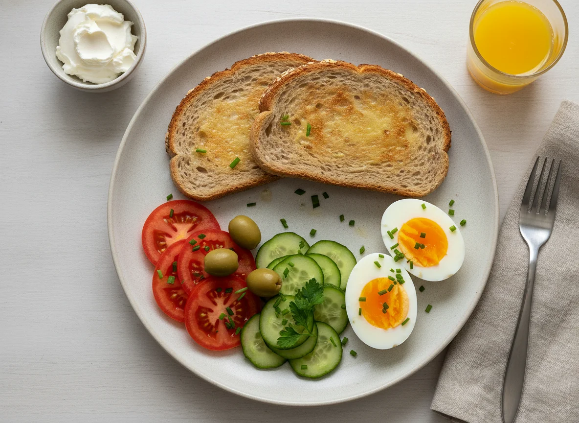 Frühstücksteller mit Toast, Eiern und Gemüse photo