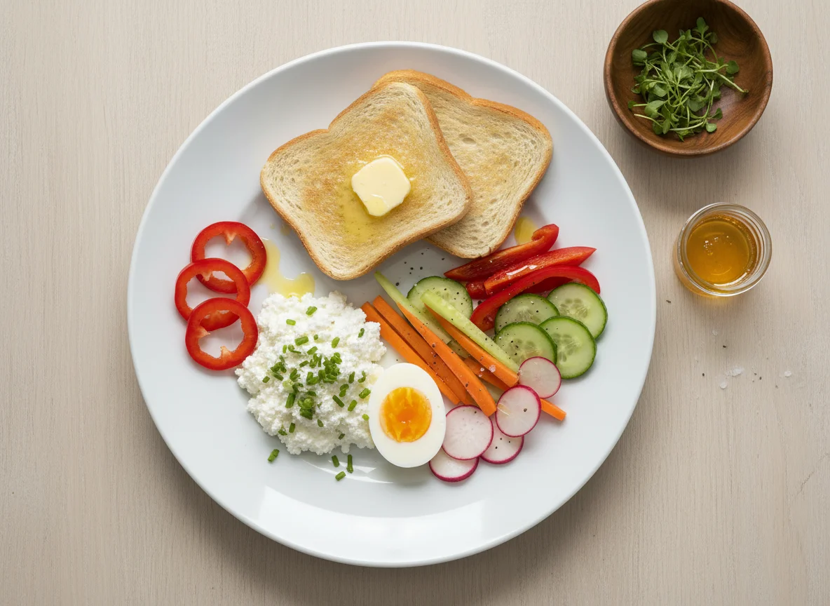 Frühstücksteller mit Toast, Hüttenkäse und Gemüse photo