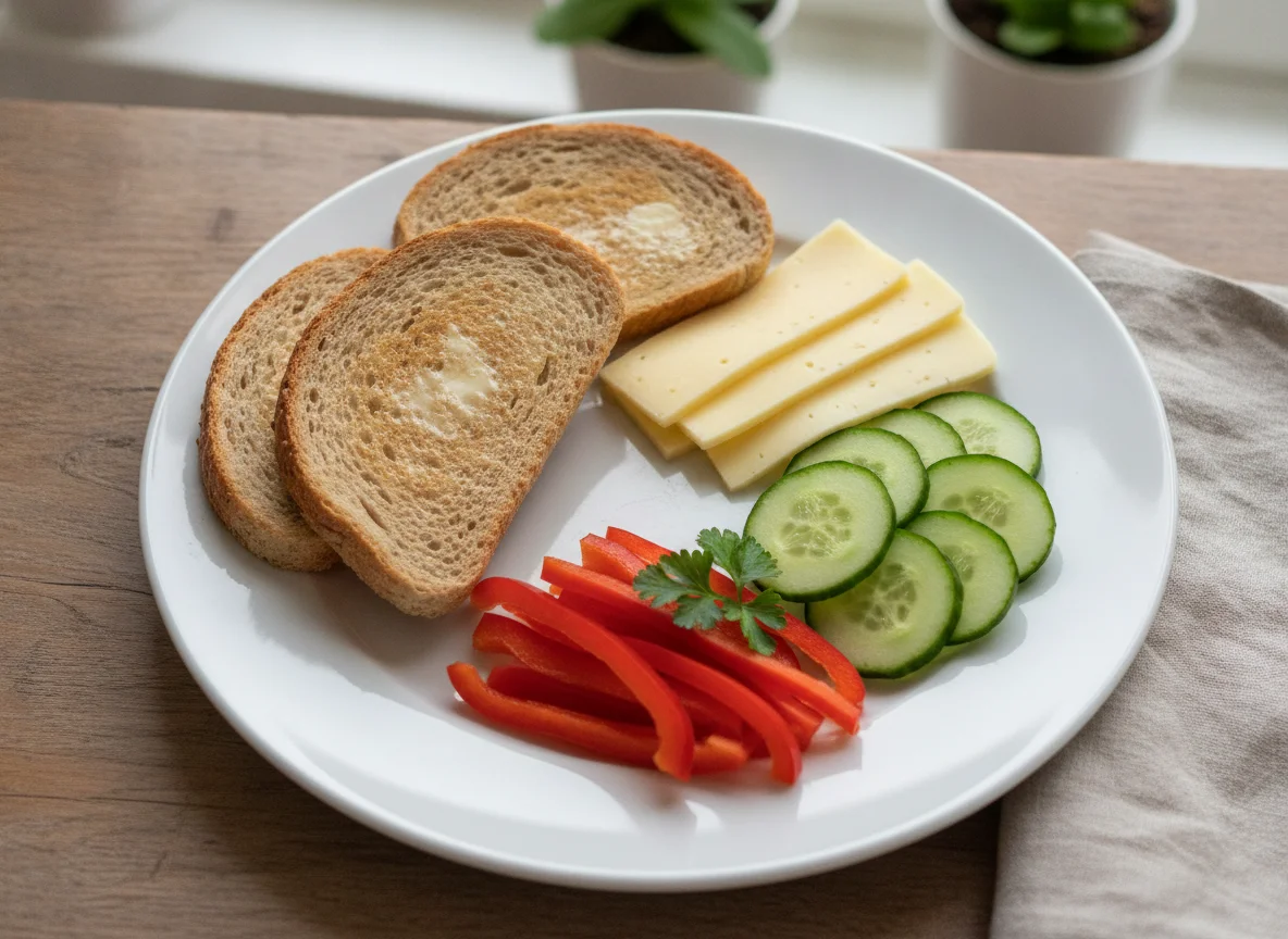 Frühstücksteller mit Toast, Käse und Gemüse photo