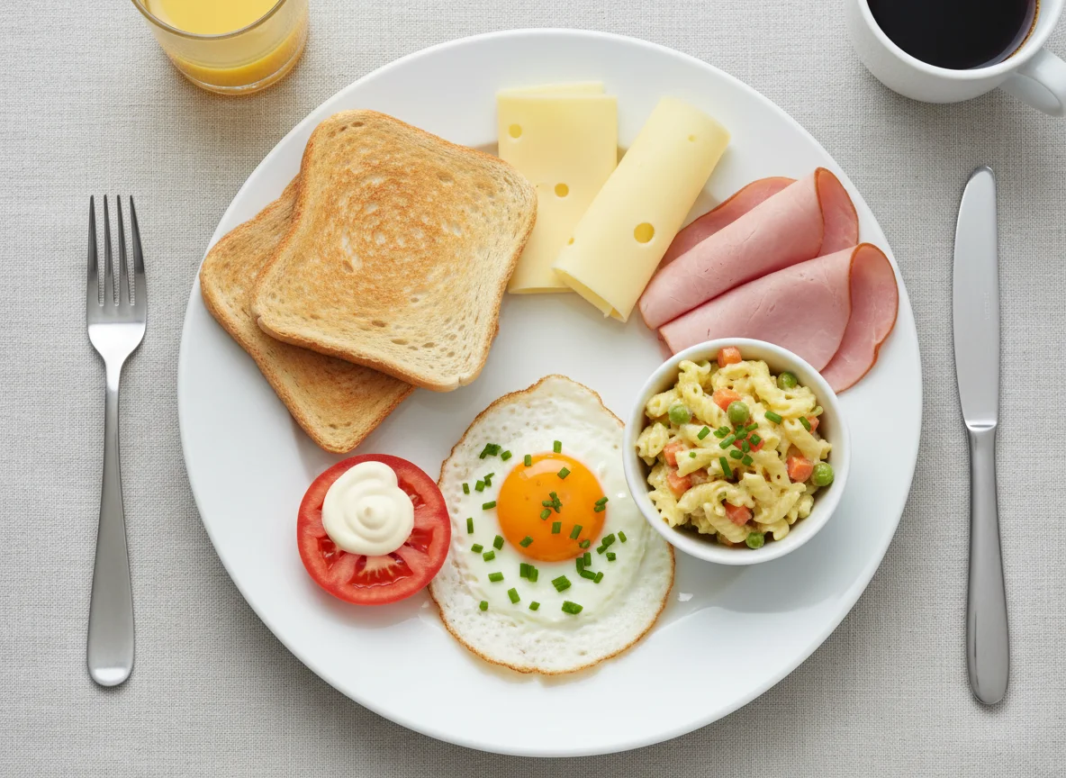 Frühstücksteller mit Toast und Spiegelei photo