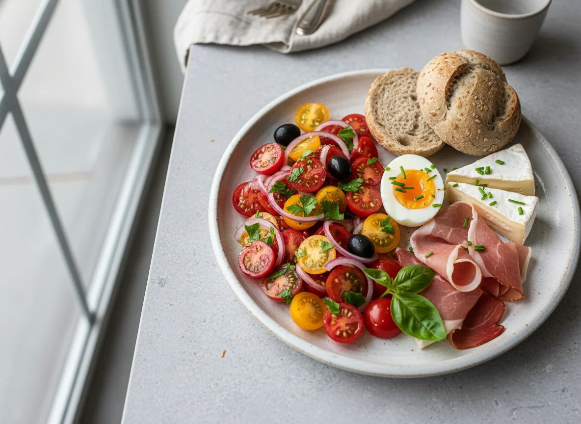 Frühstücksteller mit Tomatensalat, Ei und Käse photo