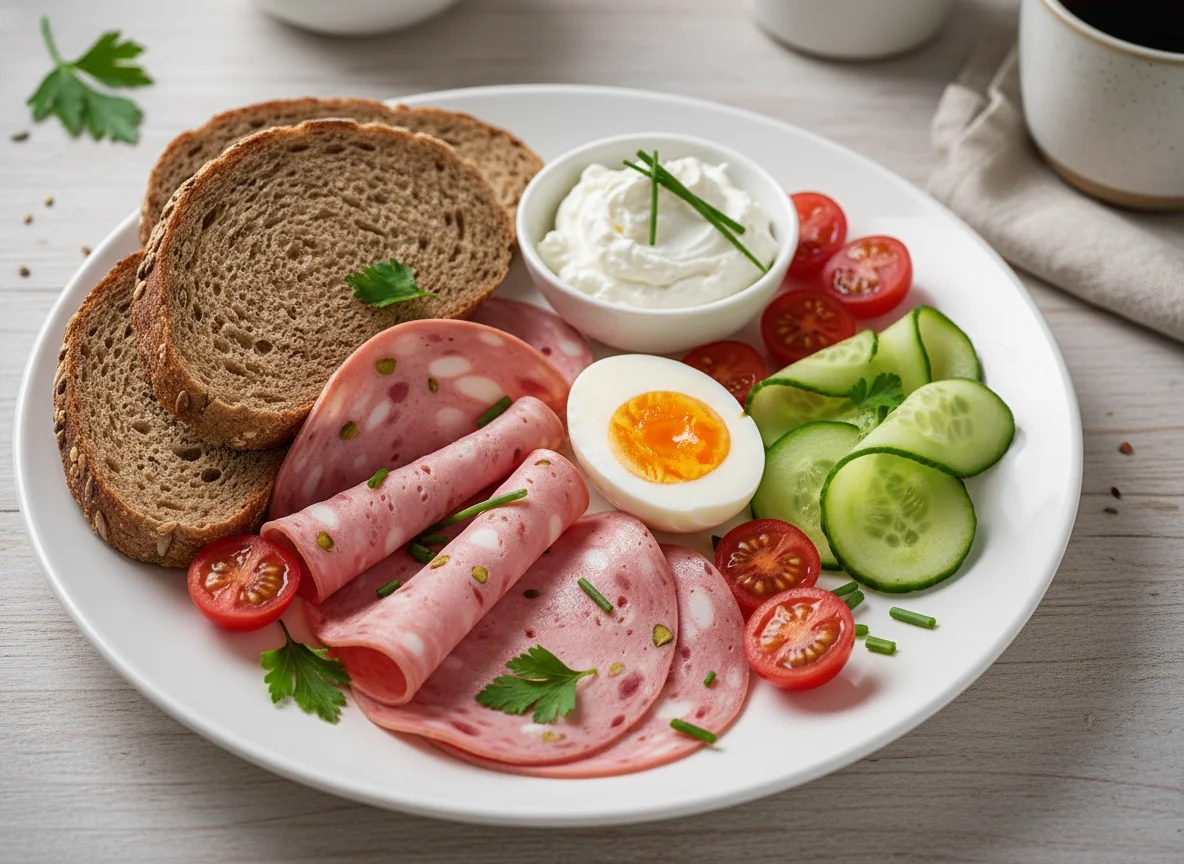 Frühstücksteller mit veganer Mortadella, Ei und Gemüse photo