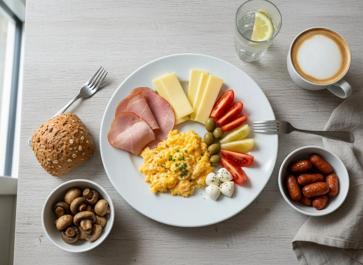 Frühstücksteller mit verschiedenen Komponenten photo