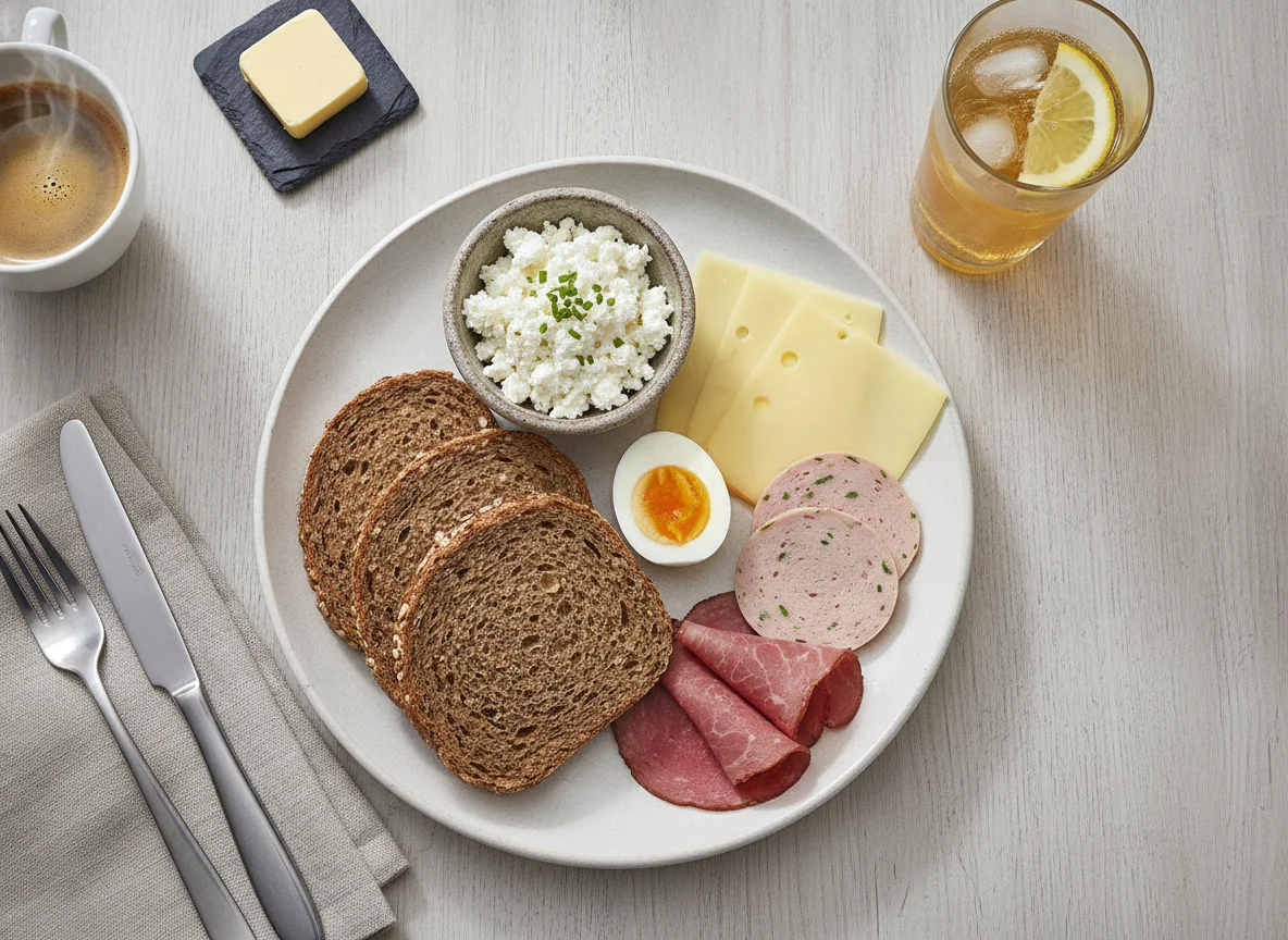 Frühstücksteller mit Vollkornbrot, Aufschnitt und Ei photo