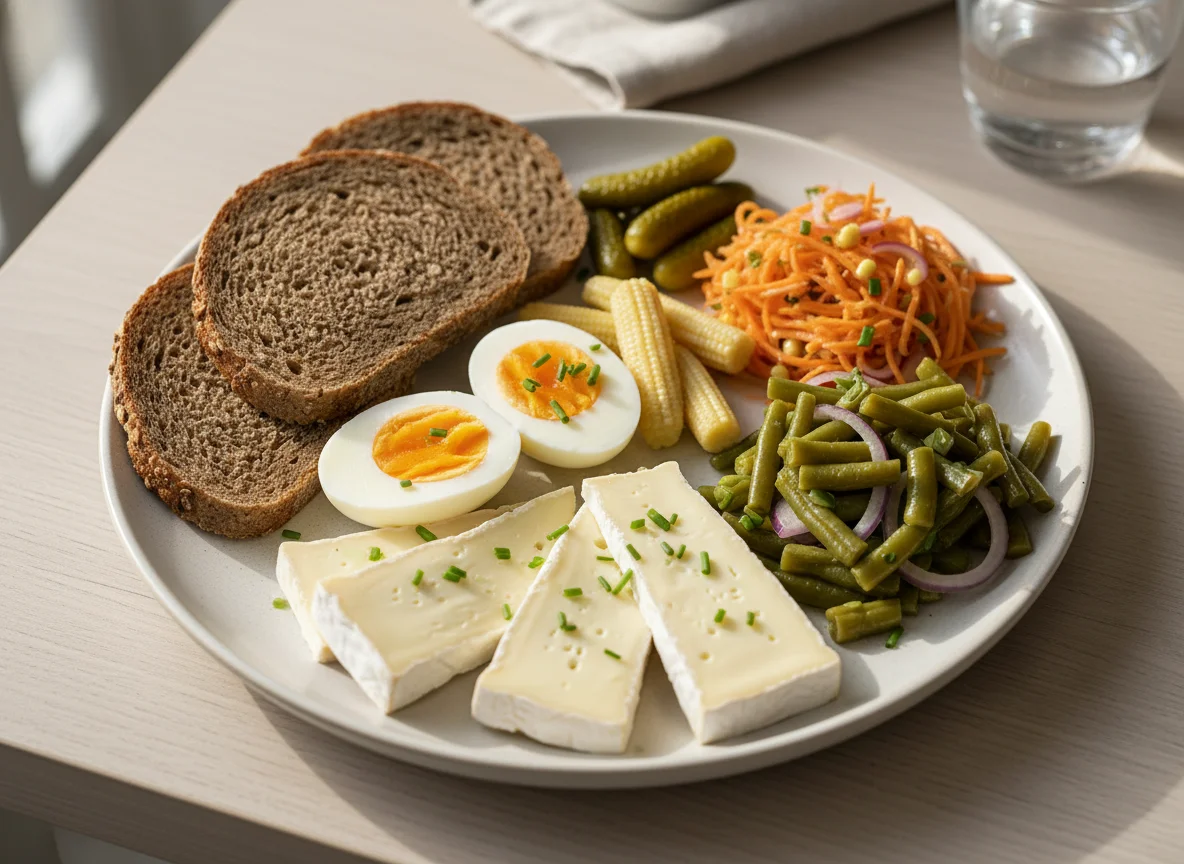 Frühstücksteller mit Vollkornbrot, Ei und Camembert photo