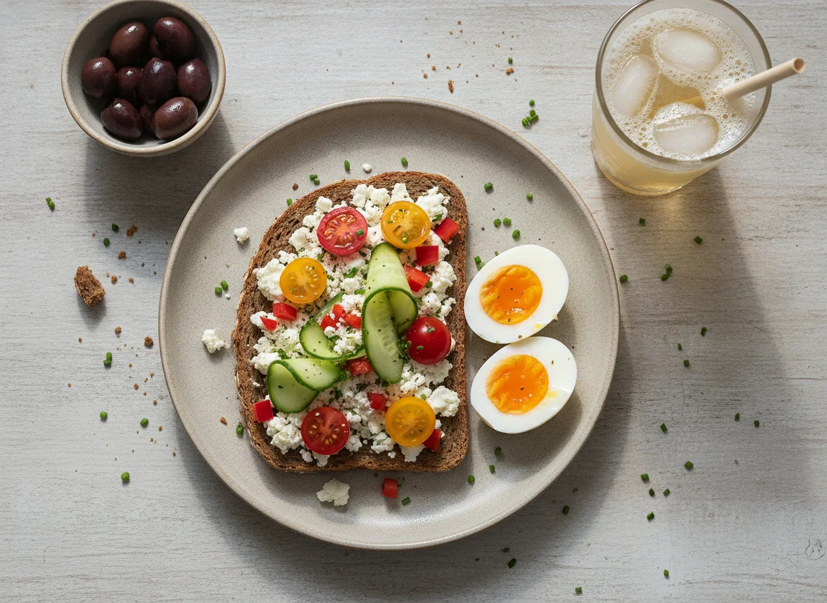 Frühstücksteller mit Vollkornbrot, Ei und Gemüse photo