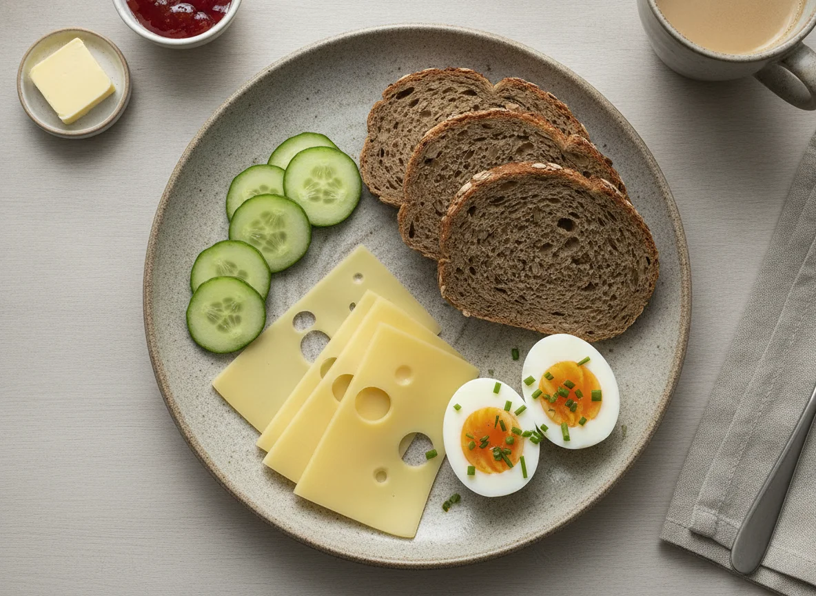 Frühstücksteller mit Vollkornbrot, Ei und Käse photo