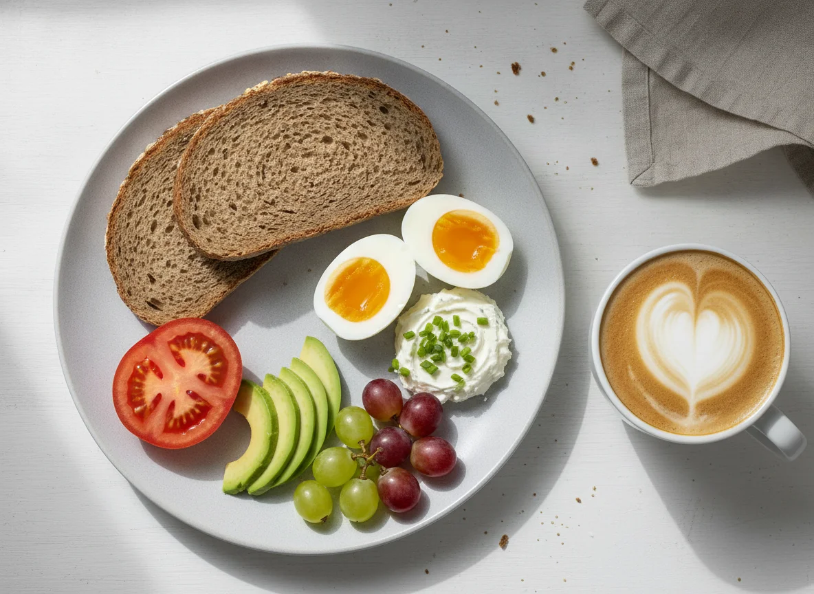 Frühstücksteller mit Vollkornbrot, Ei und Obst photo