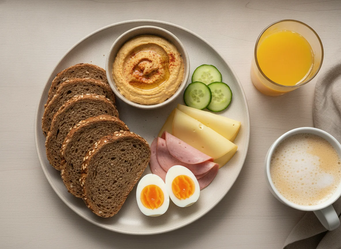 Frühstücksteller mit Vollkornbrot, Eiern und Aufschnitt photo