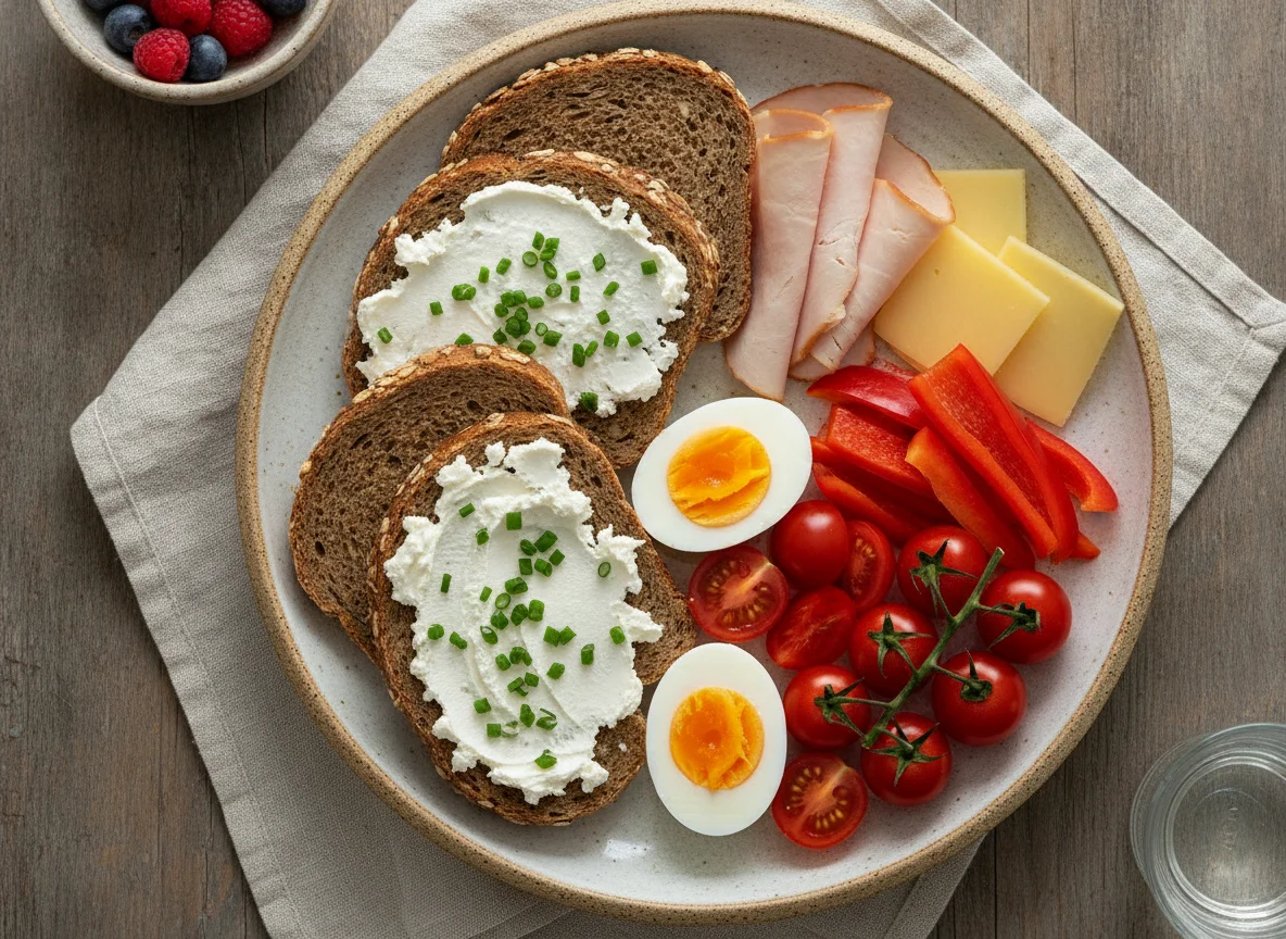 Frühstücksteller mit Vollkornbrot, Eiern und Gemüse photo