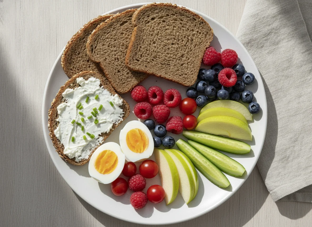 Frühstücksteller mit Vollkornbrot, Eiern und Obst photo