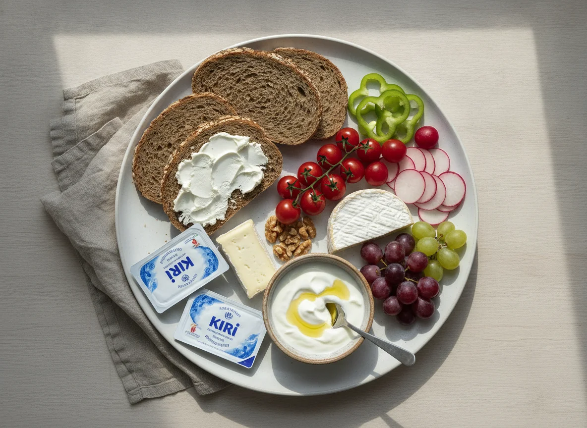 Frühstücksteller mit Vollkornbrot, Frischkäse und Gemüse photo