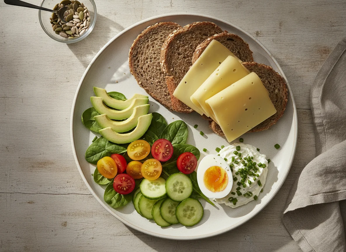 Frühstücksteller mit Vollkornbrot, Käse, Ei und Gemüse photo