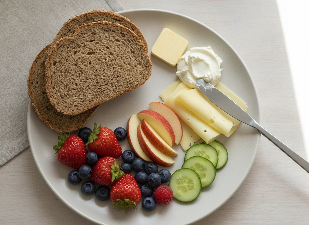 Frühstücksteller mit Vollkornbrot, Käse und Obst photo