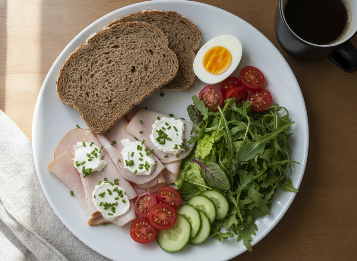 Frühstücksteller mit Vollkornbrot, Putenbrust, Ei und Gemüse photo