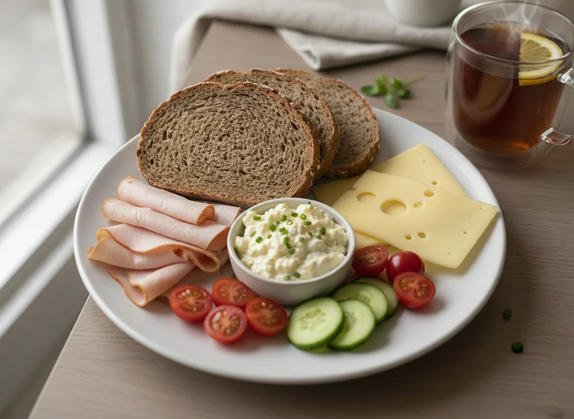 Frühstücksteller mit Vollkornbrot, Putenbrust, Käse und Gemüse photo