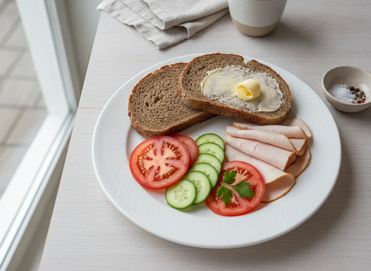 Frühstücksteller mit Vollkornbrot, Putenbrust und Gemüse photo