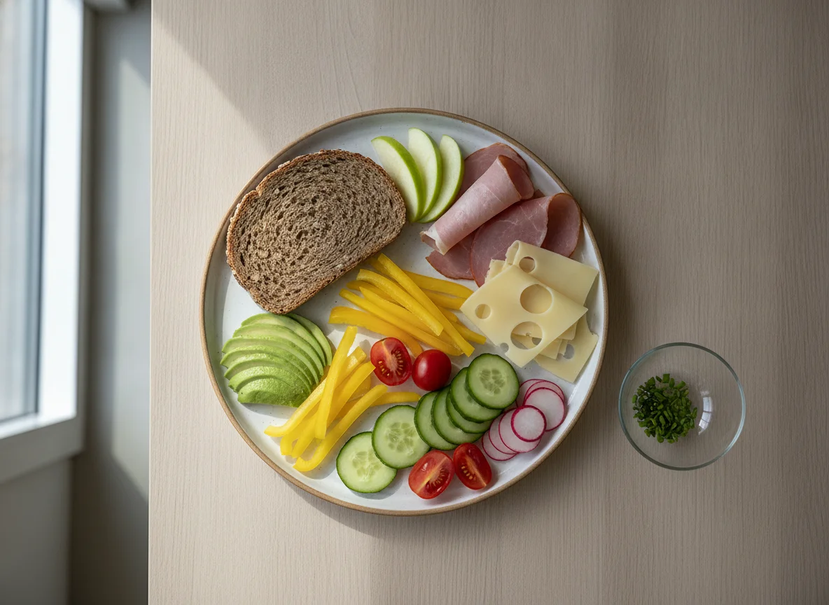 Frühstücksteller mit Vollkornbrot, Schinken, Käse und Gemüse photo