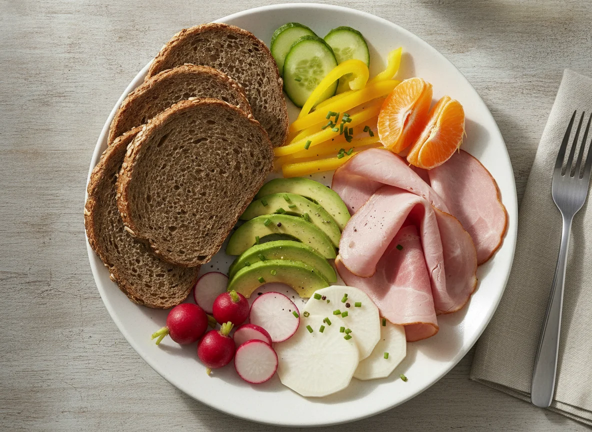 Frühstücksteller mit Vollkornbrot, Schinken und Gemüse photo
