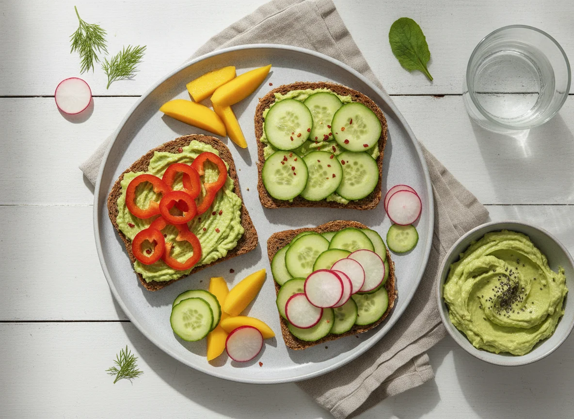 Frühstücksteller mit Vollkornbrot und Gemüse photo