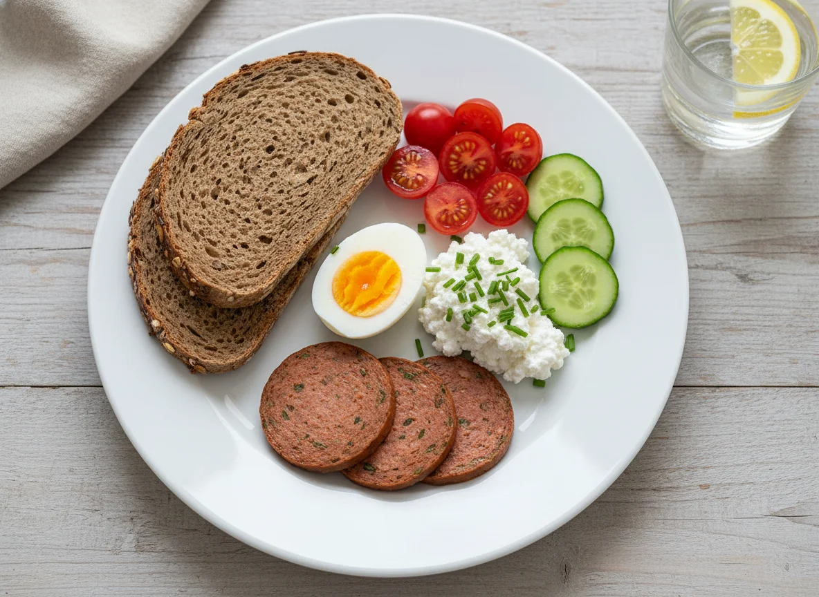 Frühstücksteller mit Vollkornbrot, veganer Wurst, Hüttenkäse und Ei photo