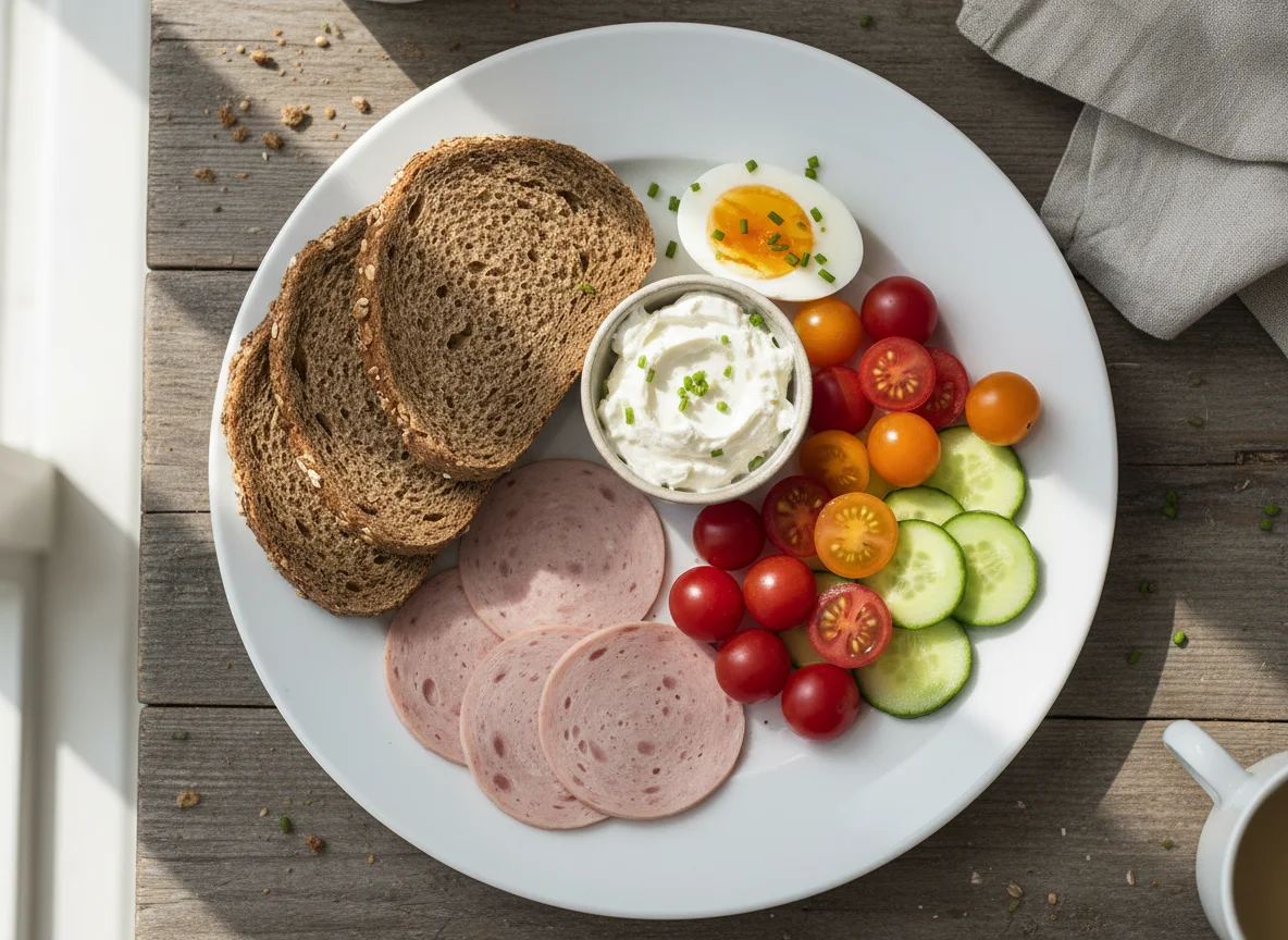 Frühstücksteller mit Vollkornbrot, Wurst, Ei und Gemüse photo