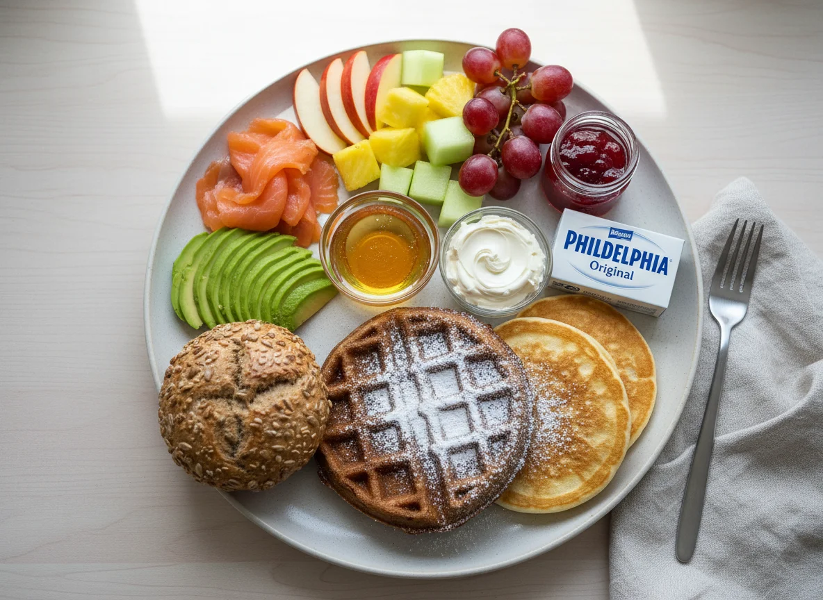 Frühstücksteller mit Waffel und Brötchen photo