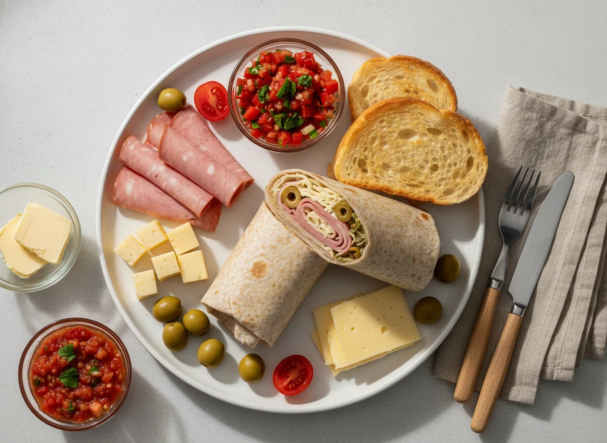Frühstücksteller mit Wrap, Schinken und Käse photo