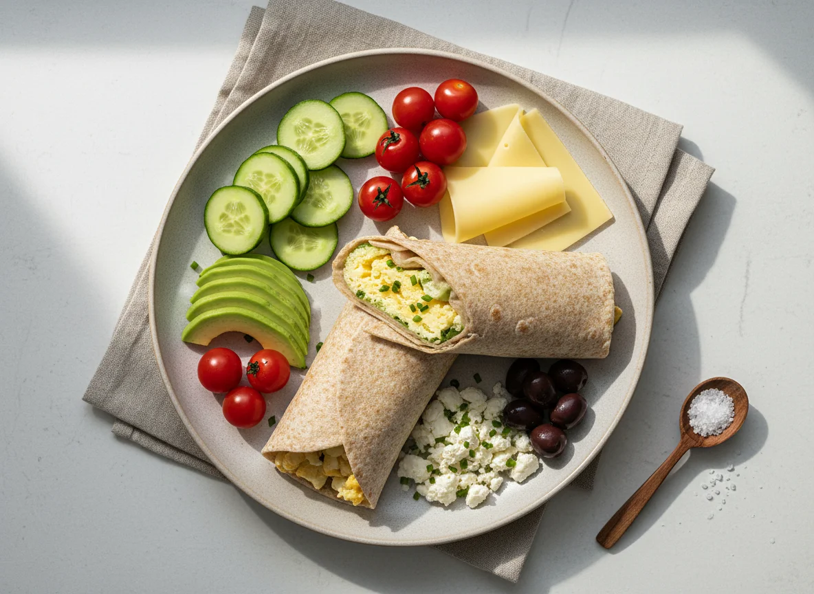 Frühstücksteller mit Wrap und Beilagen photo